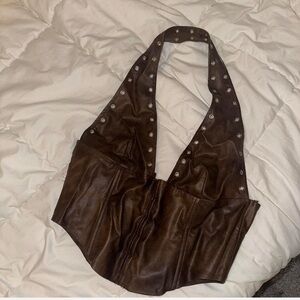 Brown faux leather corset top with studded detail. Size Large. Worn once